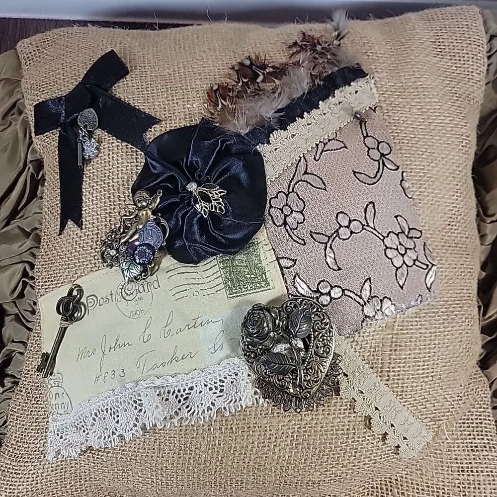 Handmade Burlap Shabby French Rustic Chic Pillow Steampunk inspired metal accent